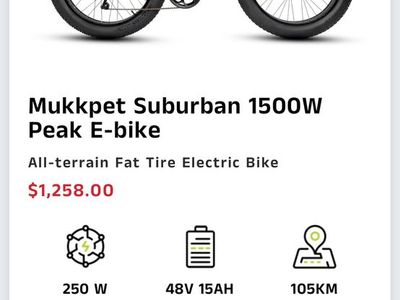 Mukkpet Suburban 1500W Peak E-bike All-Terrain Fat Tire Electric Bike