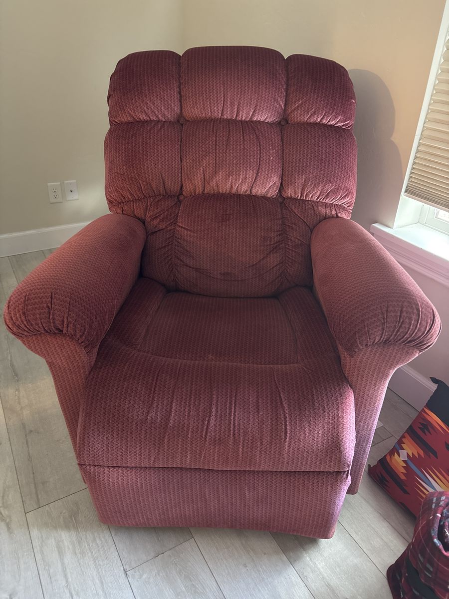 Comfortable Maroon Upholstered Recliner Armchair with Plush Cushions - Great Condition