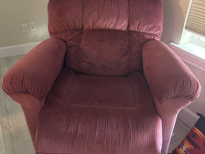 Comfortable Maroon Upholstered Recliner Armchair with Plush Cushions - Great Condition