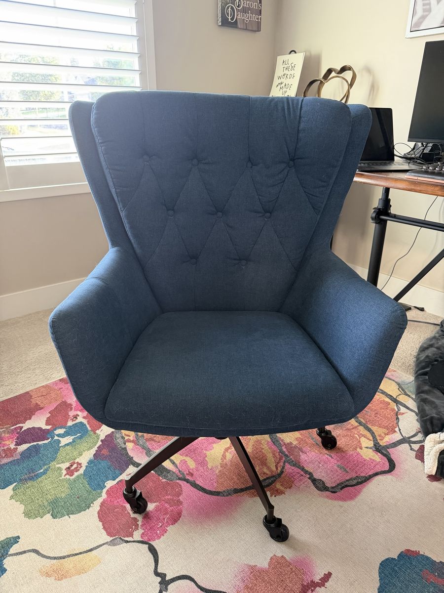 Pottery Barn Blue Tufted Upholstered Wingback Office Chair with Casters