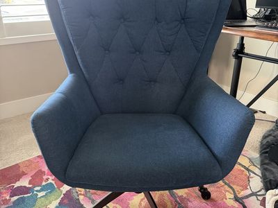 Pottery Barn Blue Tufted Upholstered Wingback Office Chair with Casters