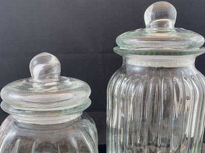 Beautiful Set of TWO Vintage Anchor Hocking Ribbed Optic Glass Jars - Bubble Lids and Seals - See PICS