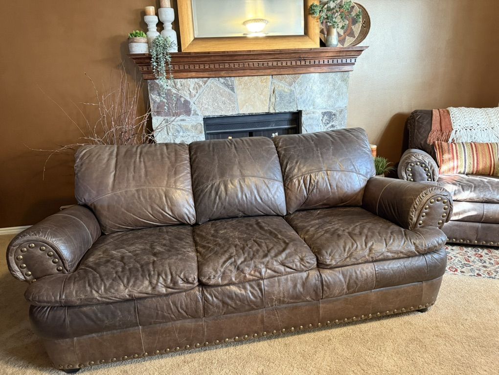 Leather Couch Sofa 3 Seat With Bronze Nailheads