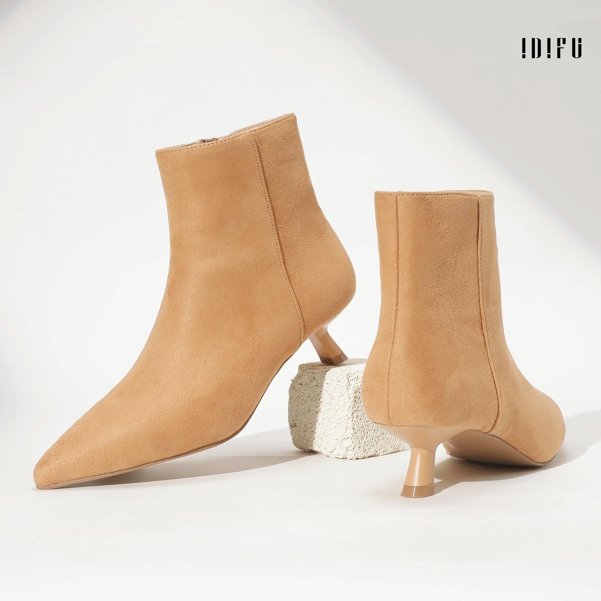 New! IDIFU Khaki Ankle Boots for Women Low Short Kitten Heel Booties Detachable Metal Strap Zipper Closed Pointed Toe