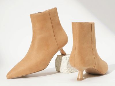 New! IDIFU Khaki Ankle Boots for Women Low Short Kitten Heel Booties Detachable Metal Strap Zipper Closed Pointed Toe