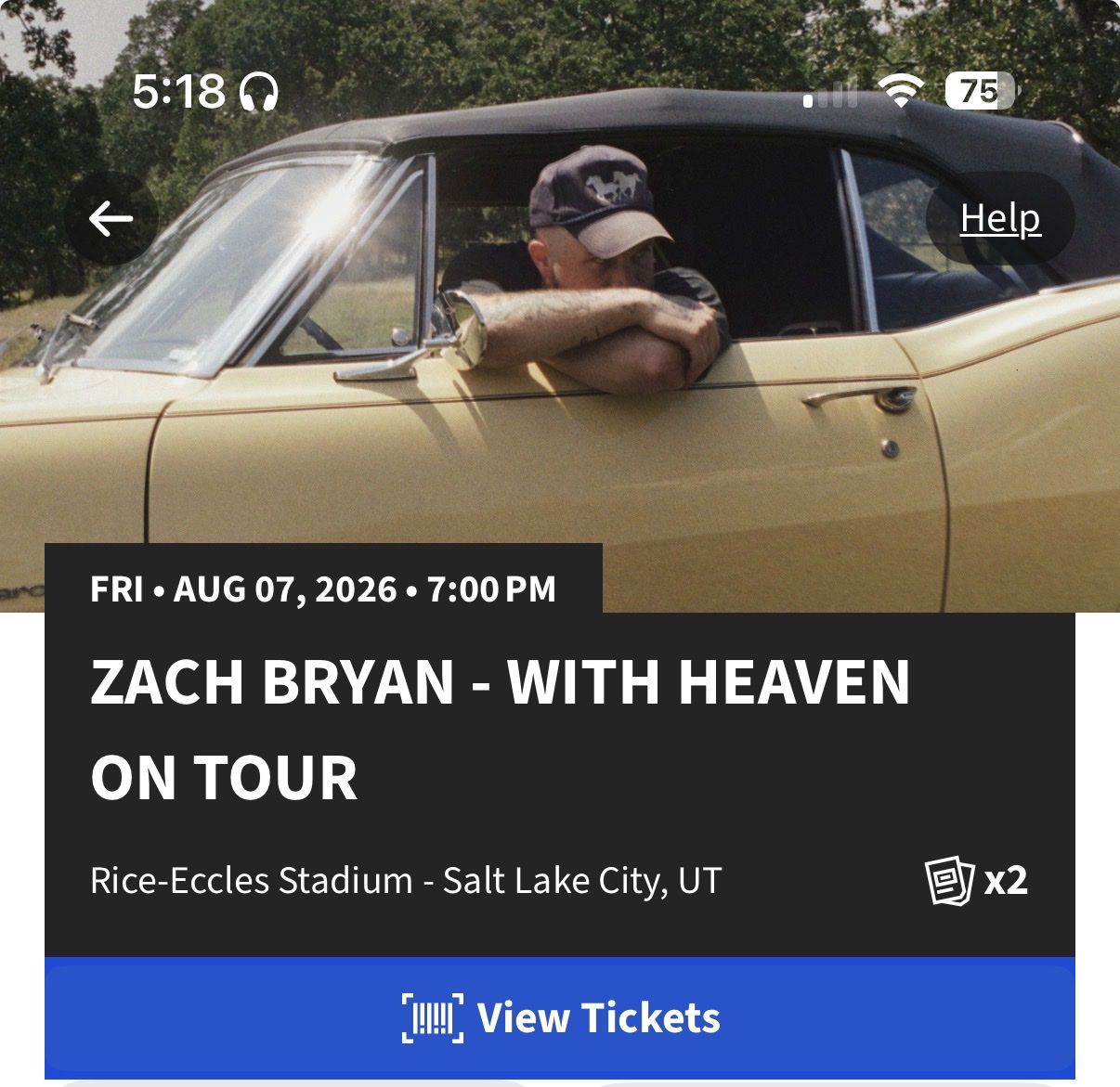 2 Zach Bryan w/ Heaven On Tour Concert Tickets - Aug 7, 2026 @ Rice-Eccles Stadium SLC S44, Row 64