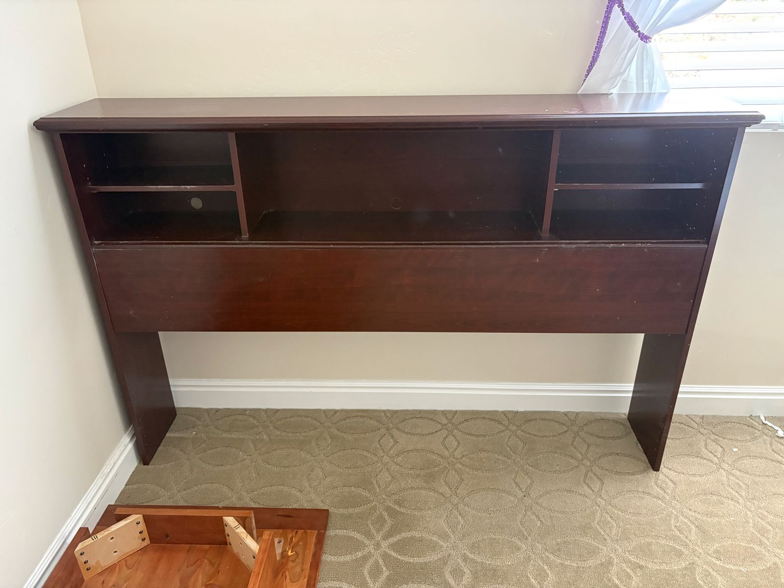 Wooden Bookcase Headboard with Built-In Storage Shelves - Dark Cherry Finish