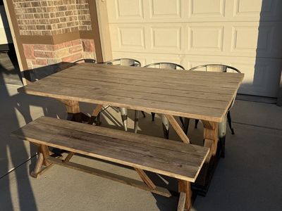 Rustic Wood Dining Set: 74"x38" Table, Bench & 3 Chairs - Indoor/Outdoor w/ Umbrella Hole