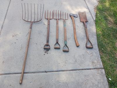 Lot of 6 Vtg Used Garden & Yard Tools: Pitchforks, Shovel, Axe - Vintage Collection