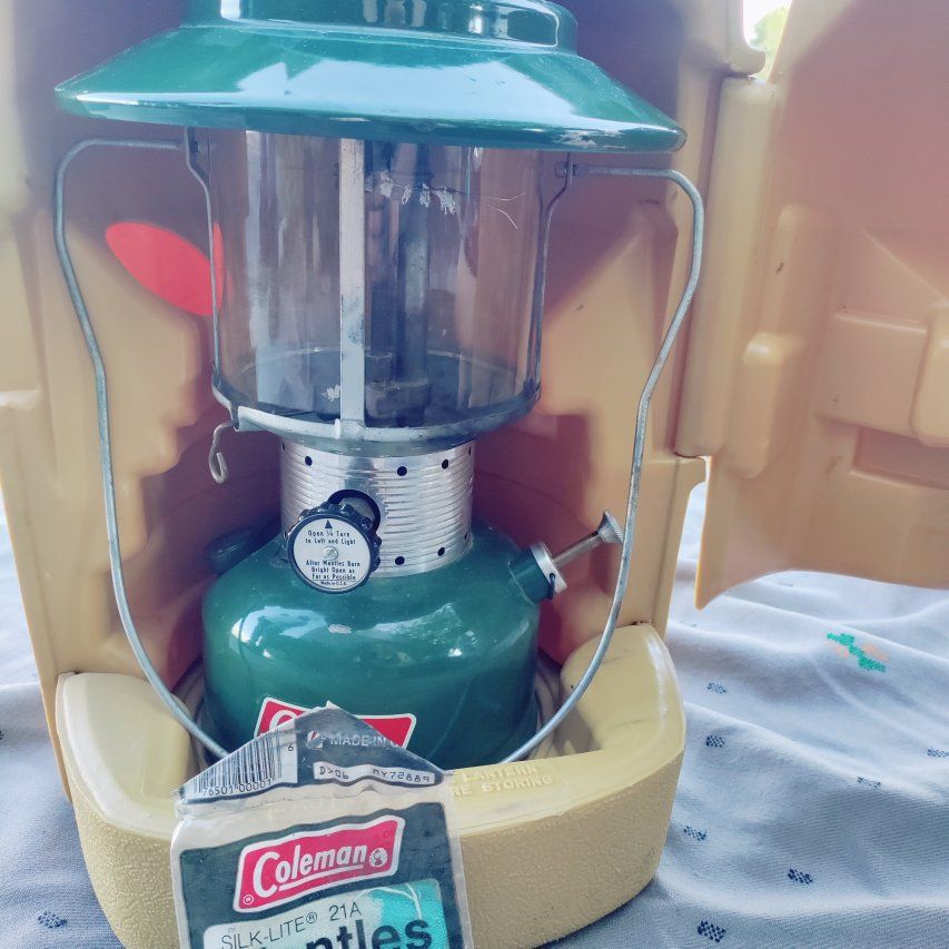 Vintage Coleman Green Lantern with Hard Plastic Carry Case and Mantles