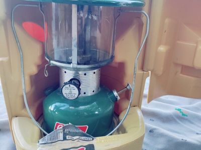 Vintage Coleman Green Lantern with Hard Plastic Carry Case and Mantles