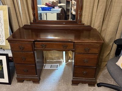 Antique Wooden Dressing Vanity with Mirror - Classic Dresser Desk with 7 Drawers