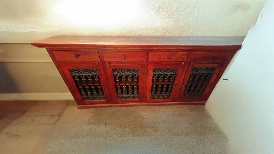 Red Wood and Ornate Metal Cabinet with Drawers - Rustic Storage call 385_584-1020