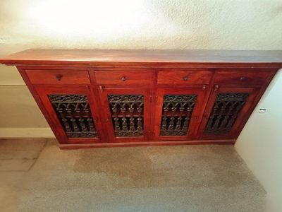Red Wood and Ornate Metal Cabinet with Drawers - Rustic Storage call 385_584-1020