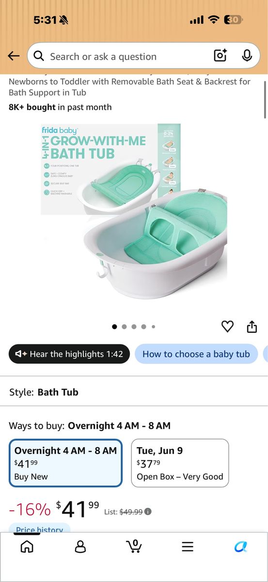 Frida Baby Grow-With-Me Bathtub - Newborn to Toddler Bath Seat Support, White/Mint