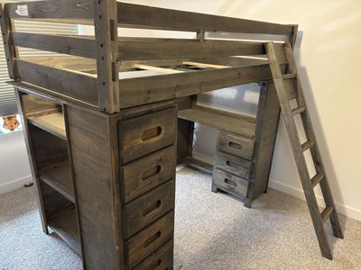 Wooden Loft Bed with Desk, Storage Shelves, and Drawers - Space-Saving Design