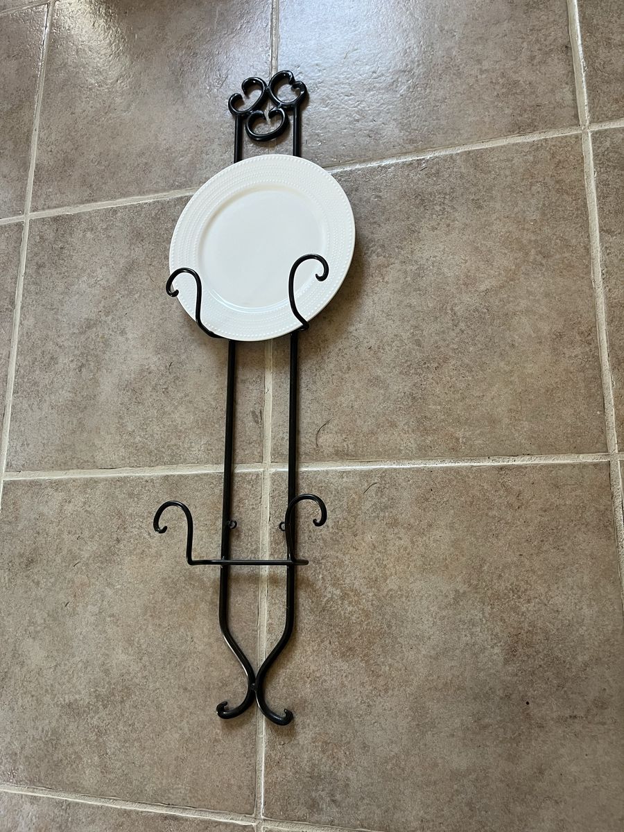 Tall, heavy wrought iron plate rack 38” tall