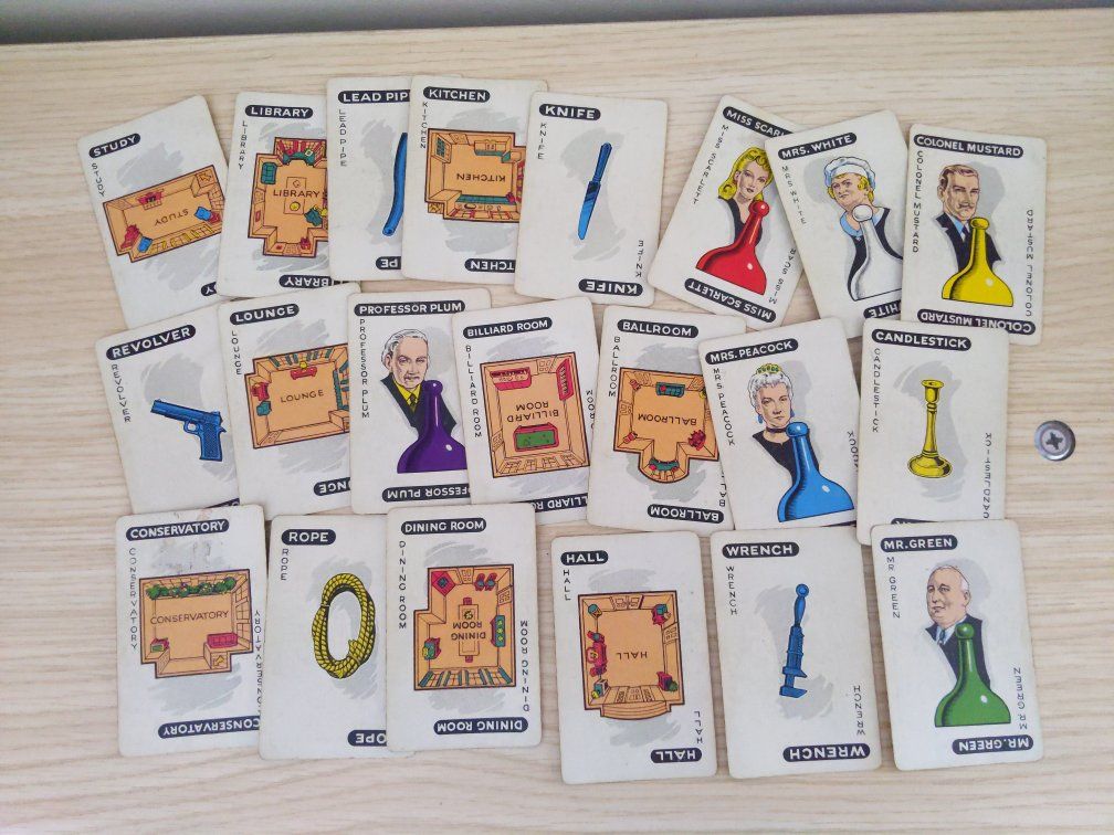Vintage 1940s Clue Board Game Replacement Cards Lot - Suspects, Weapons, and Rooms