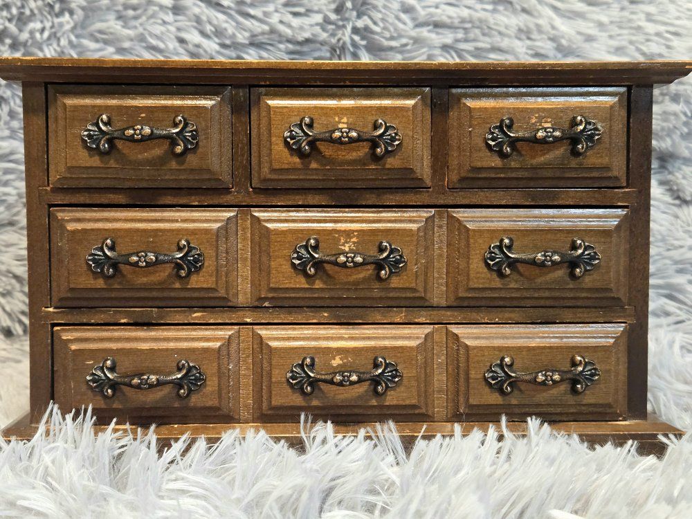Vintage Wooden 5-Drawer Jewelry Chest Music Box w/ Blue Velvet Lining