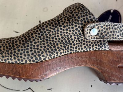 White Mountain Womens Being Clogs - Leopard Print Suede Upper, Wood Sole - Size 6.5