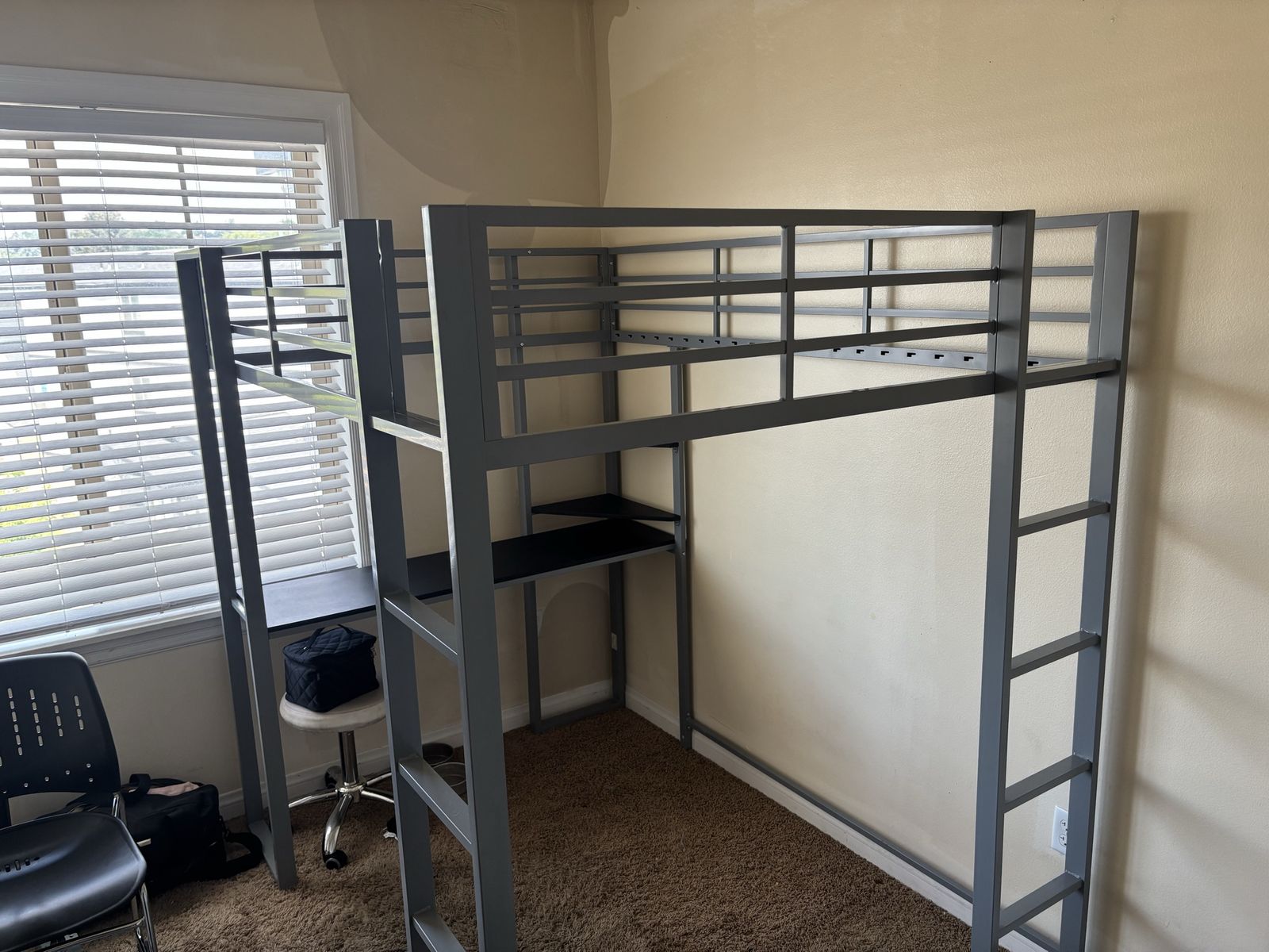 Metal Loft Bed Frame with Built-In Desk and Corner Shelves - Full