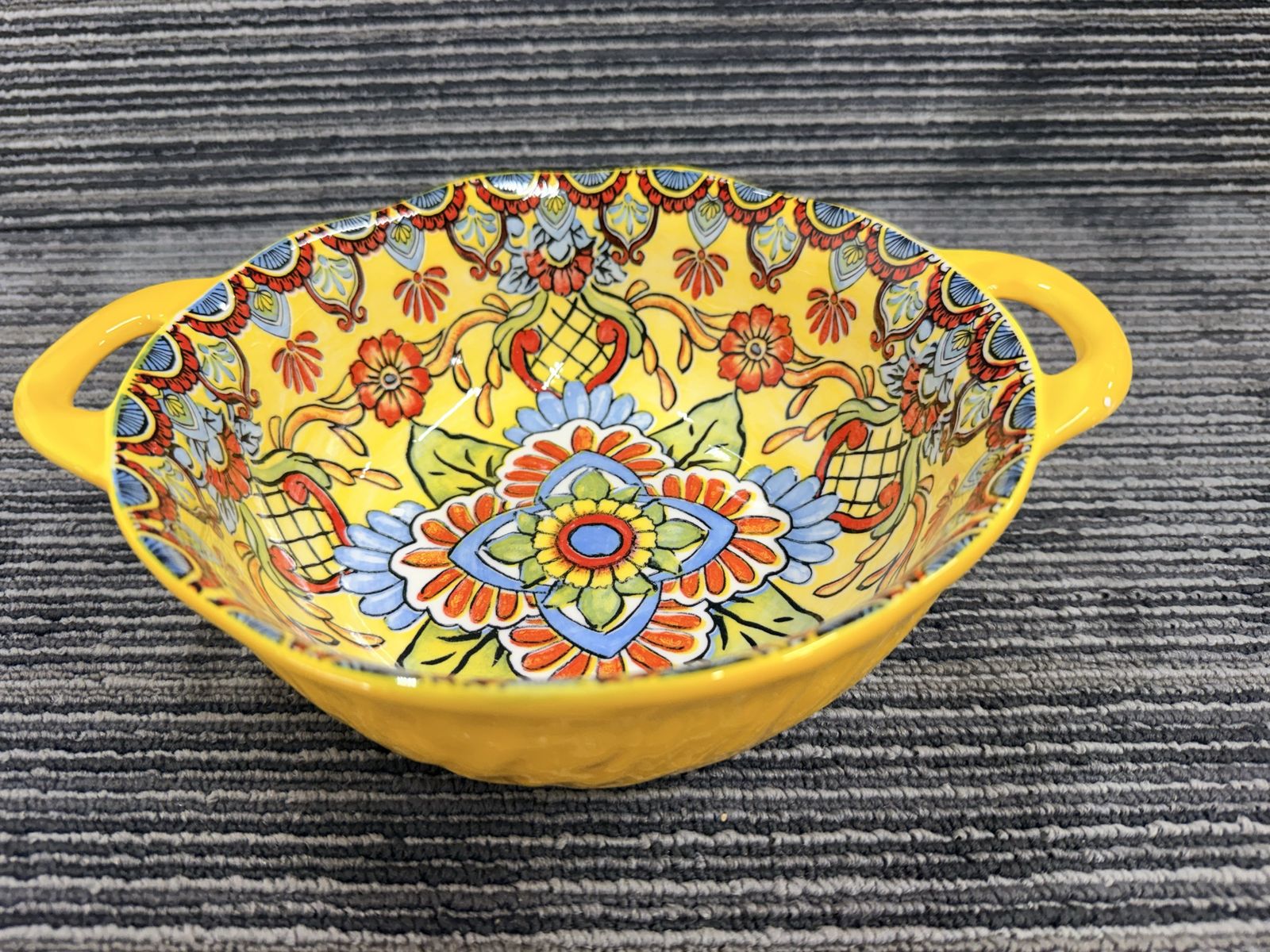 Hand-Painted Ceramic Serving Bowl Yellow Floral Pattern with Handles Decorative Dish