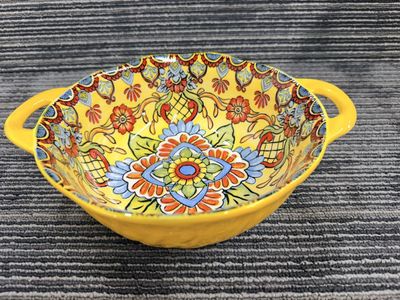 Hand-Painted Ceramic Serving Bowl Yellow Floral Pattern with Handles Decorative Dish
