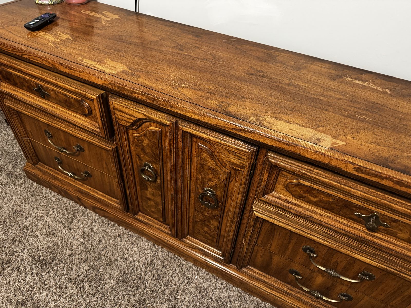 Vintage Wooden Dresser / Console Table - 6 Drawers & 2 Doors, Ornate Hardware