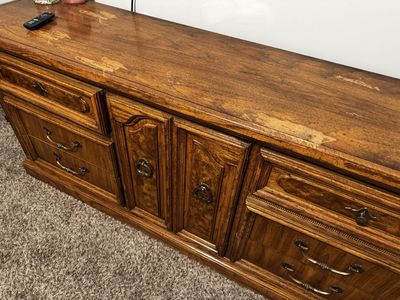 Vintage Wooden Dresser / Console Table - 6 Drawers & 2 Doors, Ornate Hardware