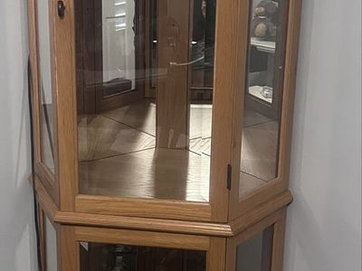 Oak Lighted Corner Curio Cabinet with Adjustable Tempered Glass Shelves & Mirrored Back