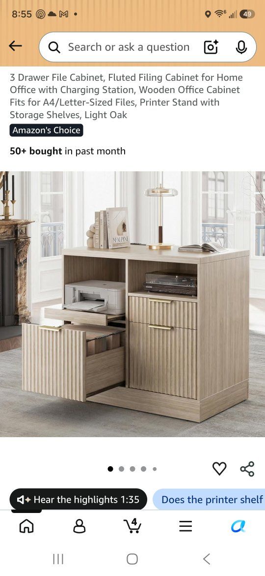 3 Drawer File Cabinet Fluted Filing Cabinet with Charging Station Light Oak