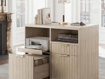 3 Drawer File Cabinet Fluted Filing Cabinet with Charging Station Light Oak
