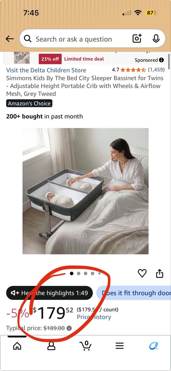 Simmons Kids City Sleeper Bassinet for Twins - Adjustable Height Bedside Sleeper