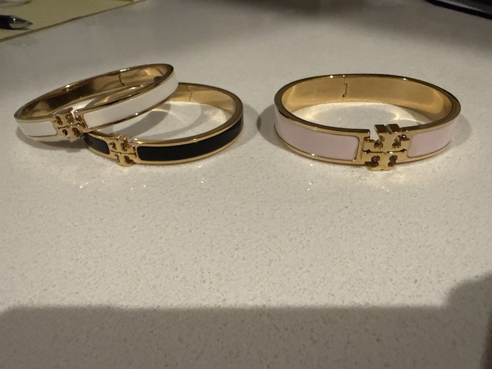 Tory Burch Kira Gold-Tone Enamel Hinged Bracelets - White, Black, Pink Logo Bangles