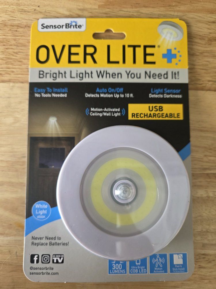 Sensor Brite OVER LITE+ USB Rechargeable Motion-Activated LED Ceiling/Wall Light, 300 Lumens