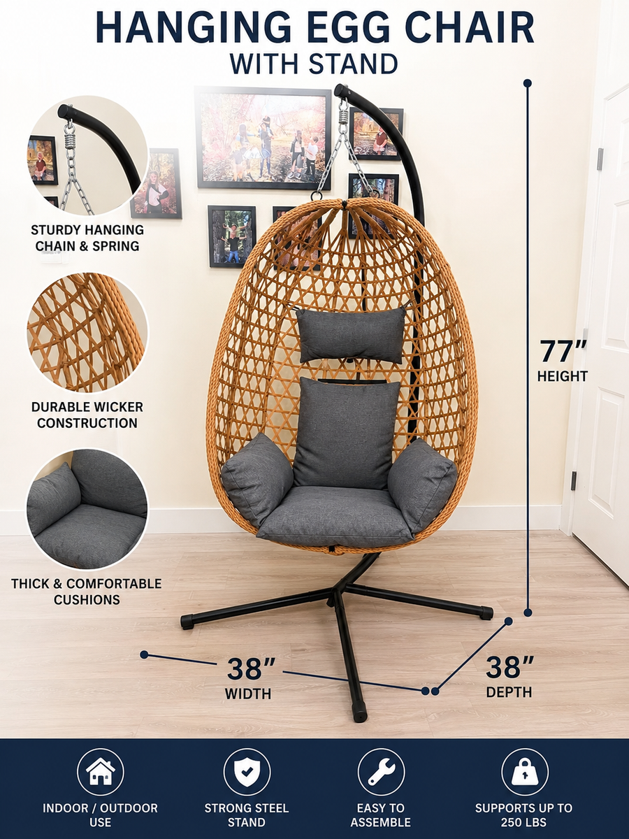 Hanging Egg Chair with Stand & Cushion – Indoor/Outdoor Swing Chair