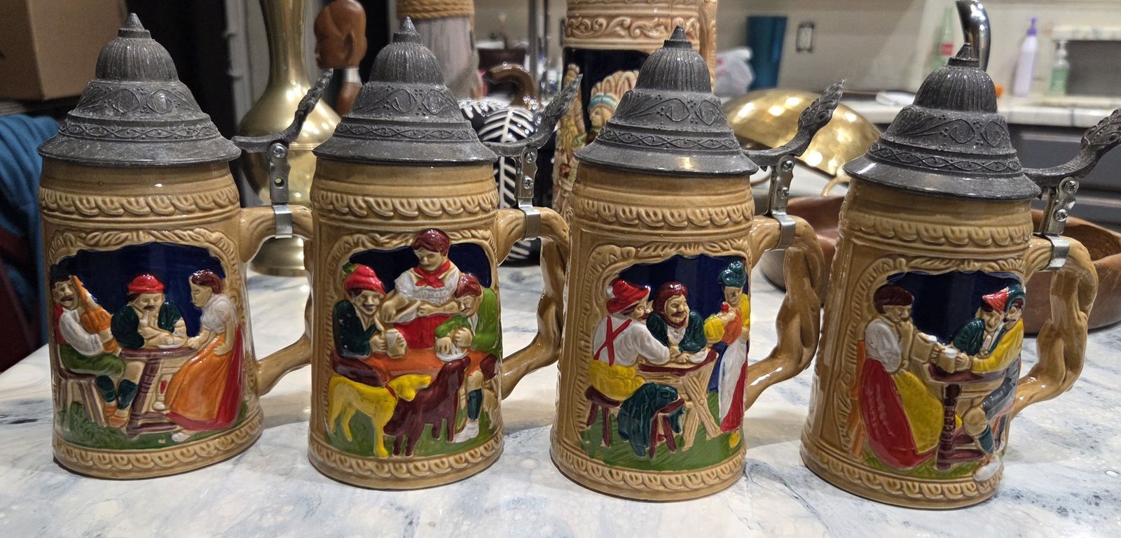 Vintage German-Style Beer Stein Set (A, B, C, D) - $50