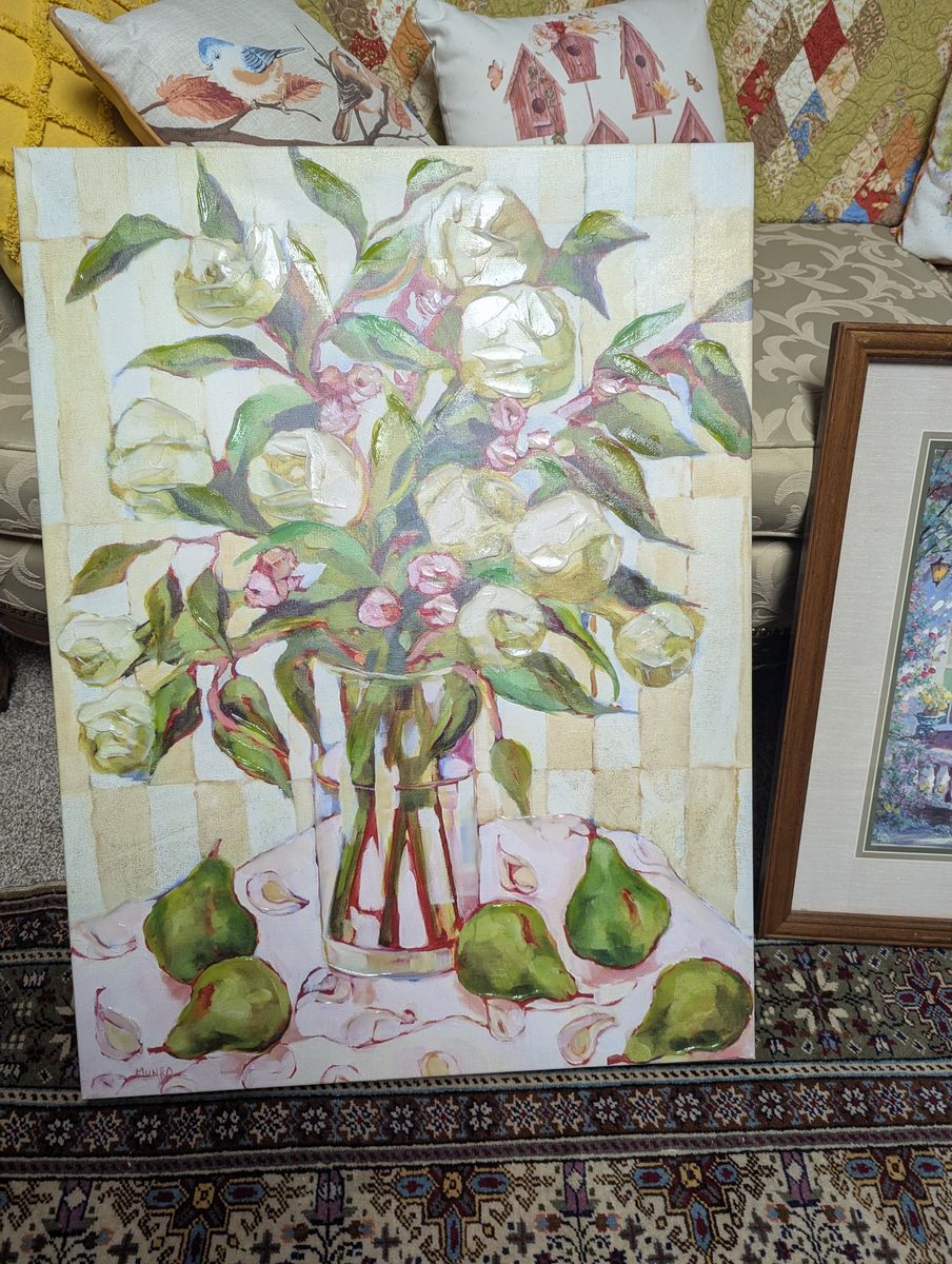 Munro Impressionist Floral & Pear Still Life Painting on Canvas - Unique Textured Art Piece
