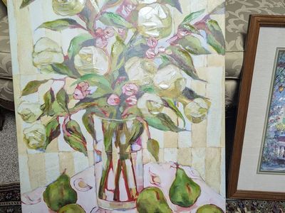 Munro Impressionist Floral & Pear Still Life Painting on Canvas - Unique Textured Art Piece