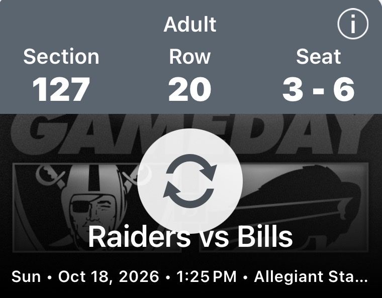 Las Vegas Raiders vs Buffalo Bills 4 great lower bowl seats $525 each