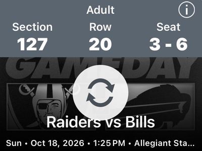 Las Vegas Raiders vs Buffalo Bills 4 great lower bowl seats $525 each