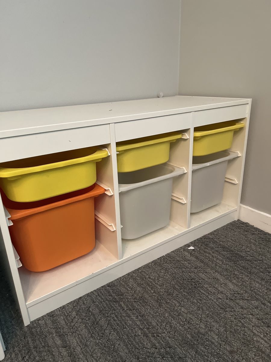 IKEA TROFAST Storage Unit with Bins - White Frame, 6 Compartments, Yellow, Orange, Gray Bins