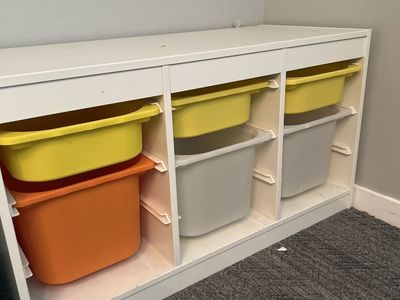 IKEA TROFAST Storage Unit with Bins - White Frame, 6 Compartments, Yellow, Orange, Gray Bins