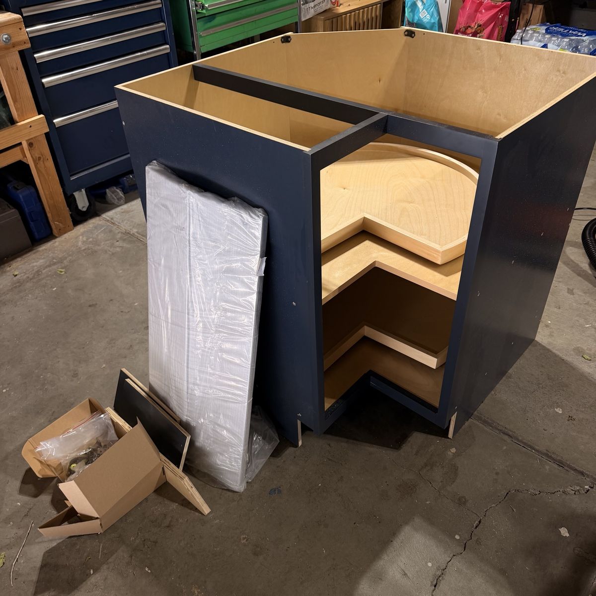 New 33 inch Blue Corner Kitchen Cabinet Base with Lazy Susan - Unused Storage Solution