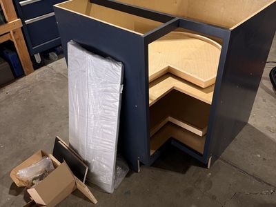 New 33 inch Blue Corner Kitchen Cabinet Base with Lazy Susan - Unused Storage Solution