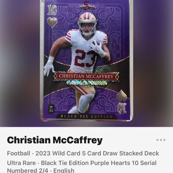 Christian McCaffrey 2023 Wild Card Black Tie Edition Purple Hearts 10 Serial #2/4 Football Card