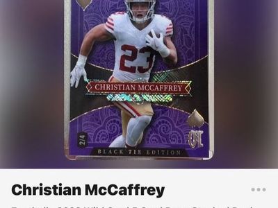 Christian McCaffrey 2023 Wild Card Black Tie Edition Purple Hearts 10 Serial #2/4 Football Card