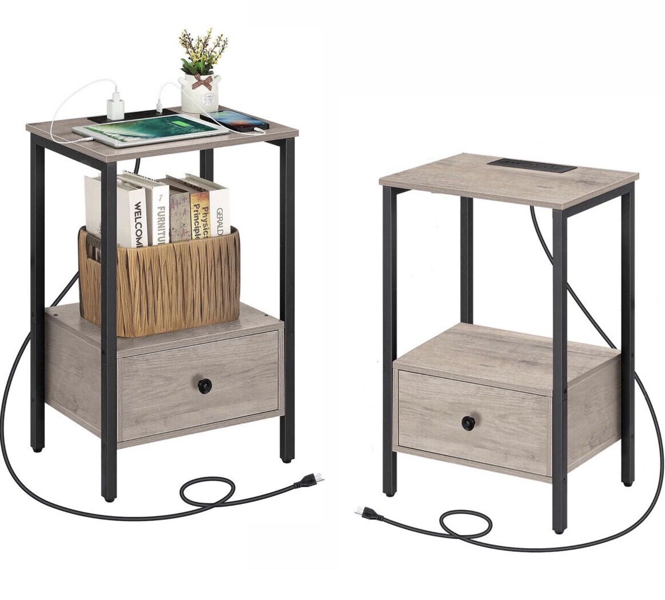 Modern Charging USB Nightstands / Side Tables — Set of 2