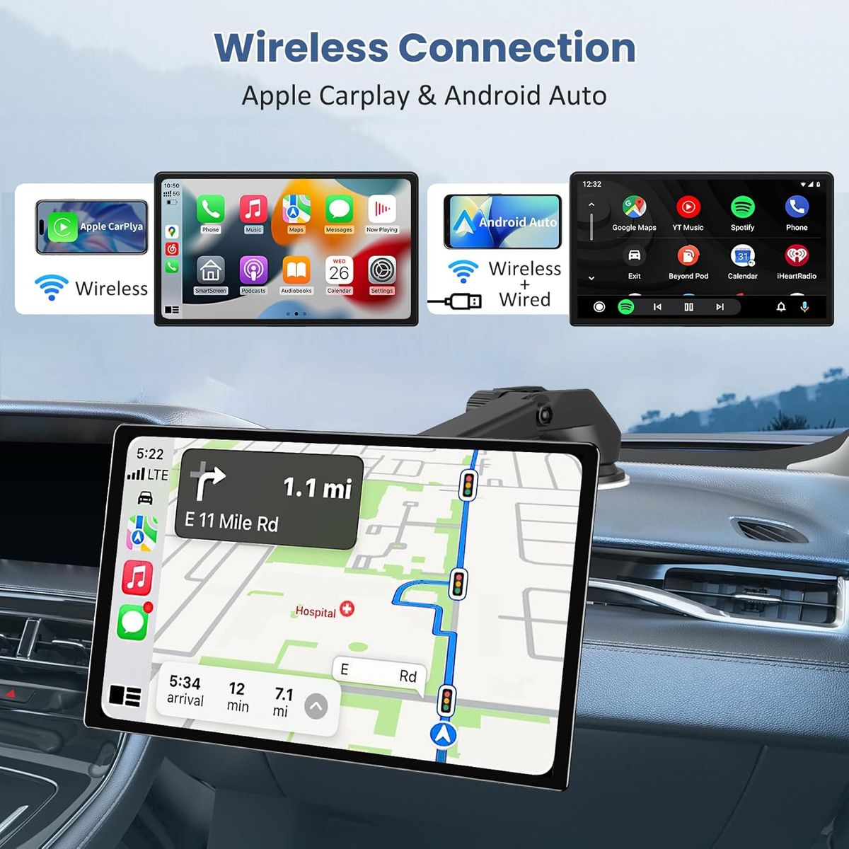 NEW Portable Apple Carplay Screen, Wireless Car Play & Android Auto Touch Screen, Car Stereo with App View/4K Dash Cam
