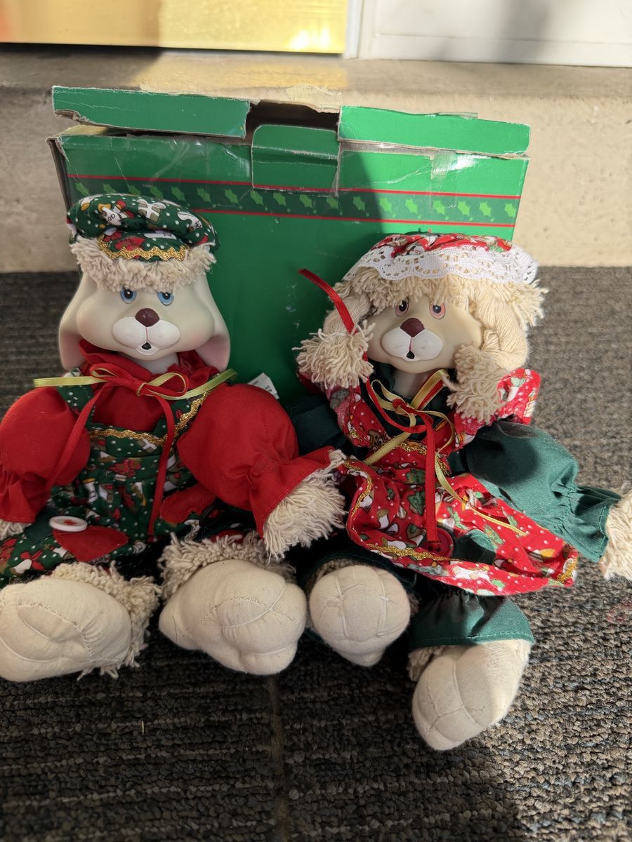Vintage Christmas Holiday Plush Boy and Girl Bunny Dolls with Original Box